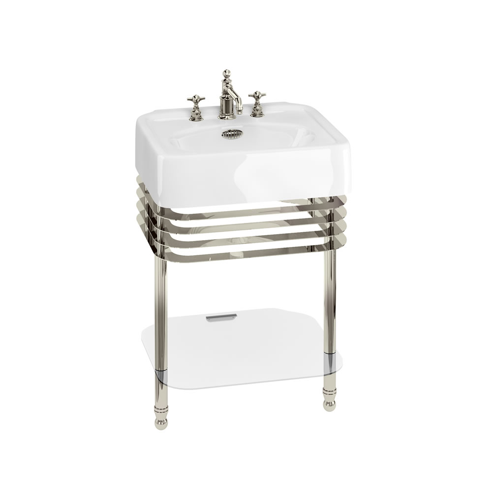 Arcade 600mm basin with nickel overflow & basin stand